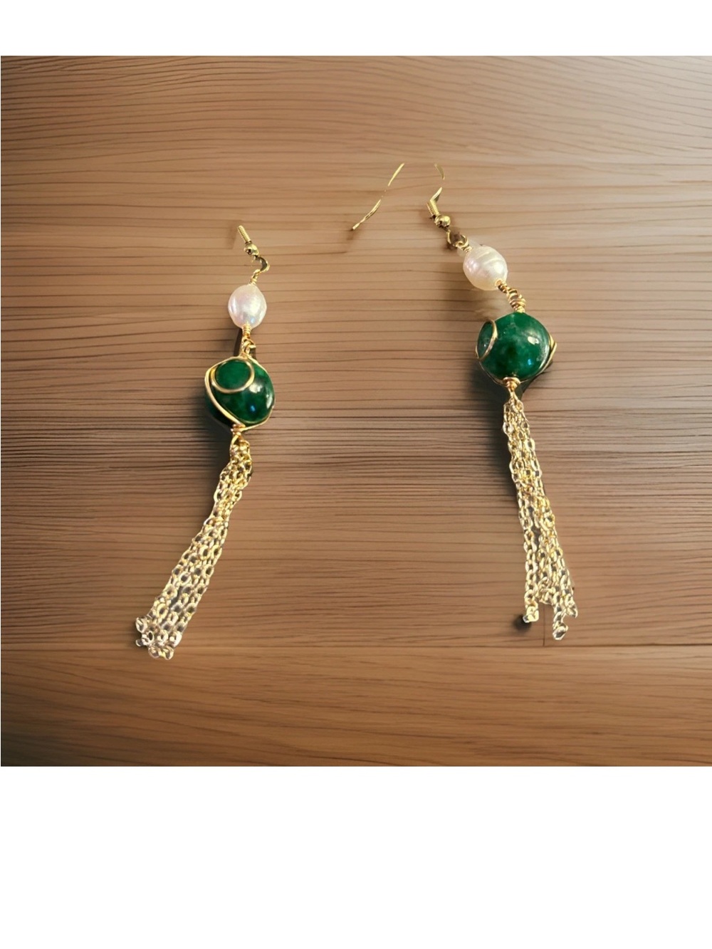 Sterling Silver Jade and Pearl Dangles-3”